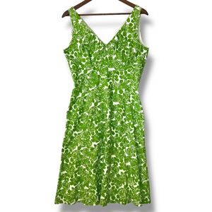 Boden 12R Green White Floral Rose Print Sleeveless Midi 100% Cotton A Line Dress